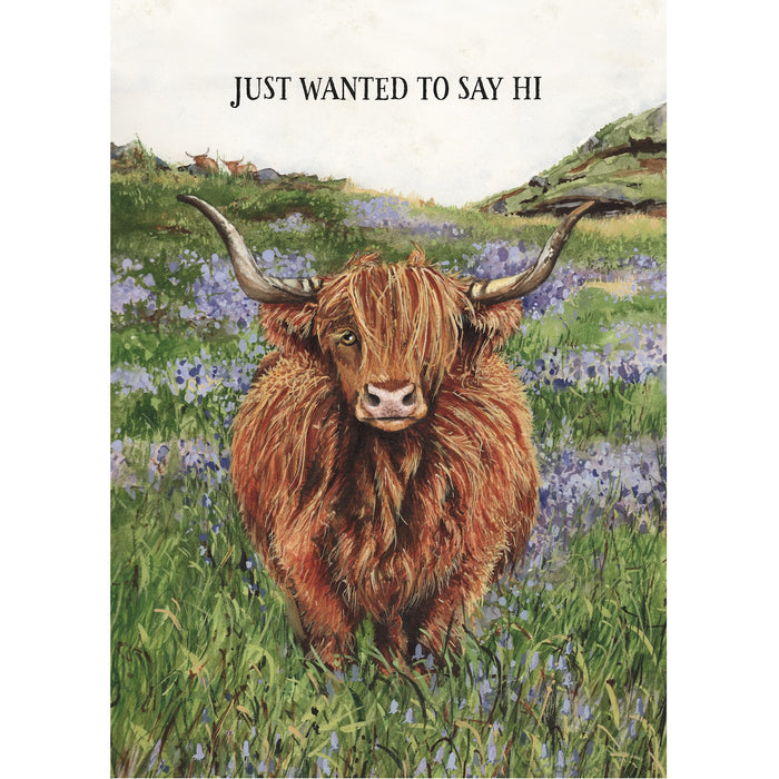 A watercolor illustration of a highlight cow in a field of grass and flowers with the text: "JUST WANTED TO SAY HI".