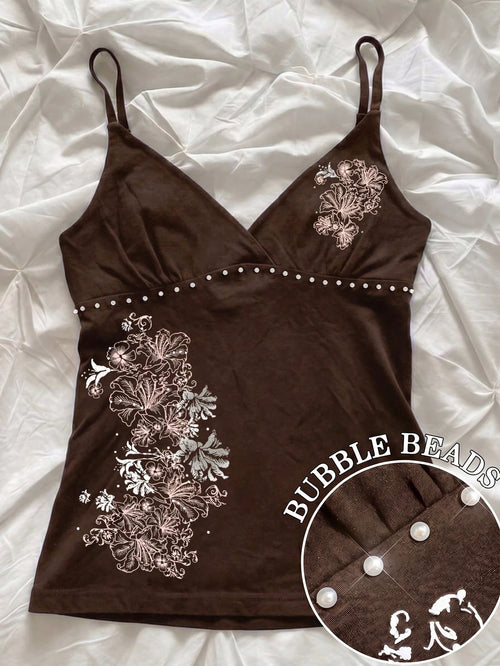 Hibiscus Flower Printed Casual Sleeveless Cami Top, Summer Tops, Beach Outfits For Women