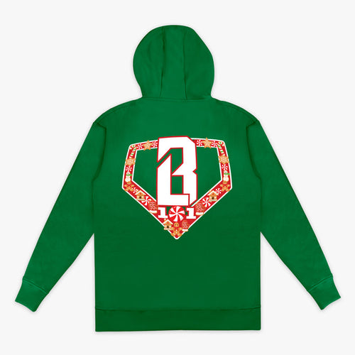 Green hoodie with a festive red and white BL101 logo on the back against a white background