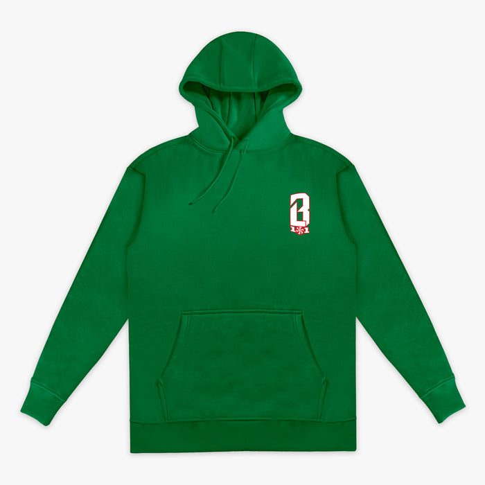 Green hoodie with a festive red and white BL101 logo in corner