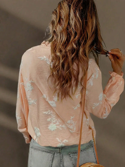 Hot Selling Retro Embroidery Ruffle Hem Floral & Leaf Print Buttoned Women Blouse, Daily Wear Spring