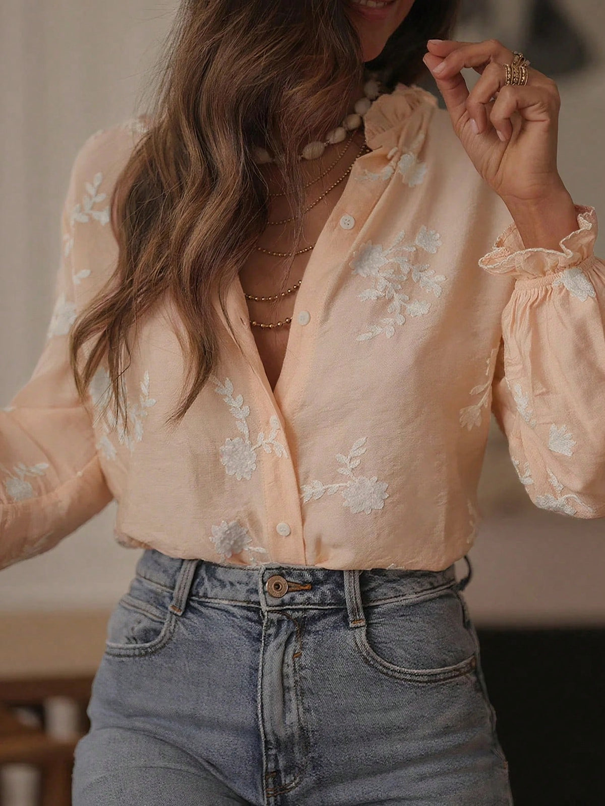 Hot Selling Retro Embroidery Ruffle Hem Floral & Leaf Print Buttoned Women Blouse, Daily Wear Spring