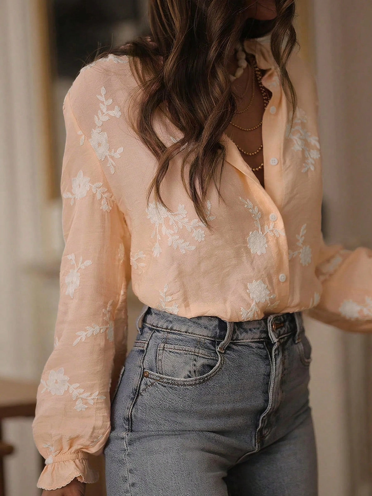 Hot Selling Retro Embroidery Ruffle Hem Floral & Leaf Print Buttoned Women Blouse, Daily Wear Spring