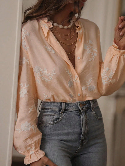 Hot Selling Retro Embroidery Ruffle Hem Floral & Leaf Print Buttoned Women Blouse, Daily Wear Spring