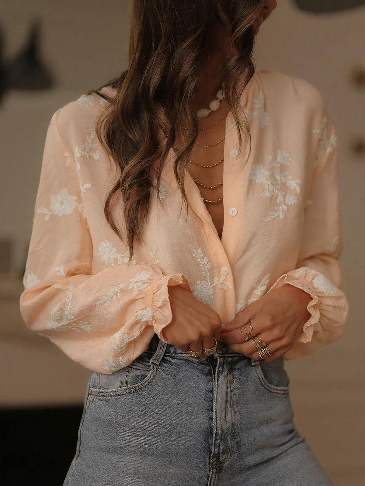Hot Selling Retro Embroidery Ruffle Hem Floral & Leaf Print Buttoned Women Blouse, Daily Wear Spring