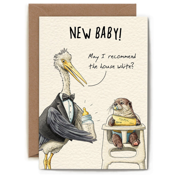 A whimsical illustration of a stork waiter holding out a baby bottle of milk to a baby beaver in a high chair. Text reads "NEW BABY" and words from the stork reading "May I recommend the house white?".