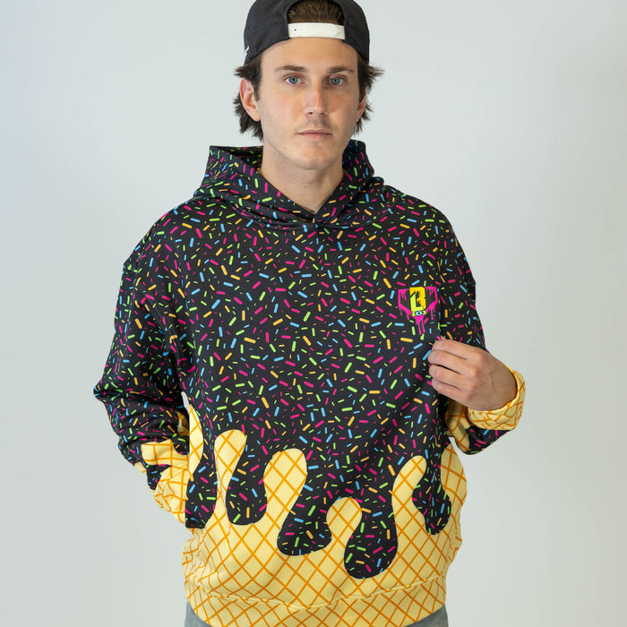 Adult model wearing black Ice Cream Midnight Sundae hoodie with "Ice Cream" design
