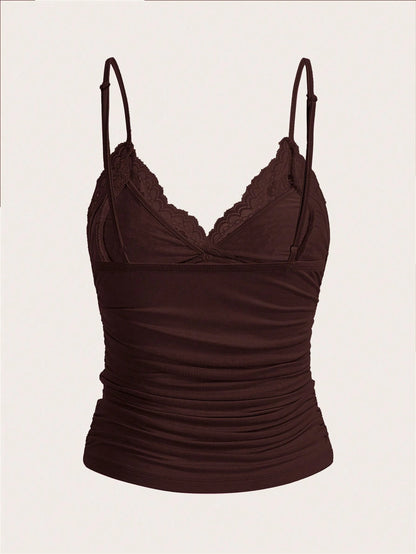 ICON Contrast Lace Bow Front Ruched Y2k Cami Top
