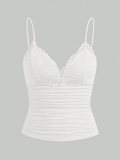 ICON Contrast Lace Bow Front Ruched Y2k Cami Top