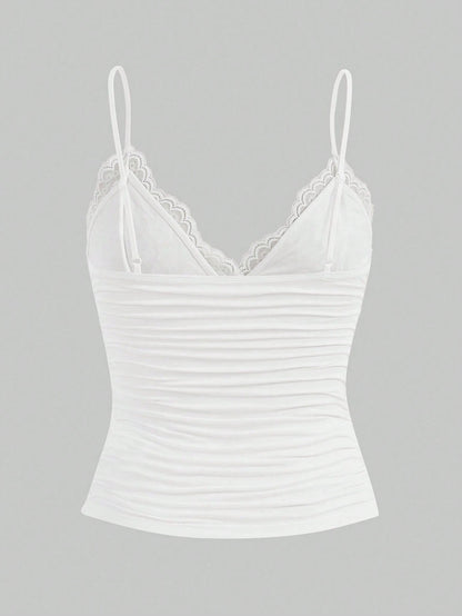 ICON Contrast Lace Bow Front Ruched Y2k Cami Top