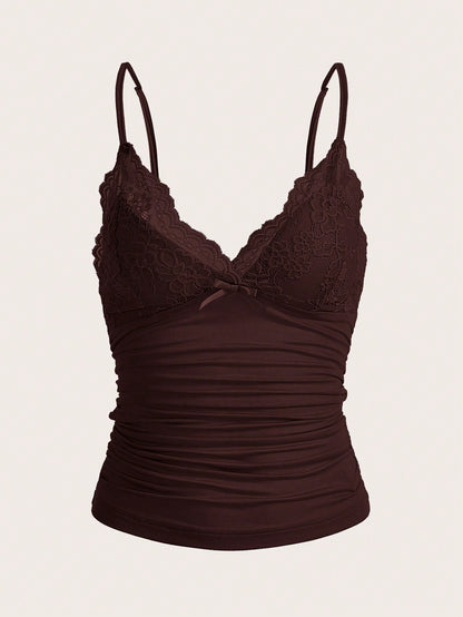 ICON Contrast Lace Bow Front Ruched Y2k Cami Top
