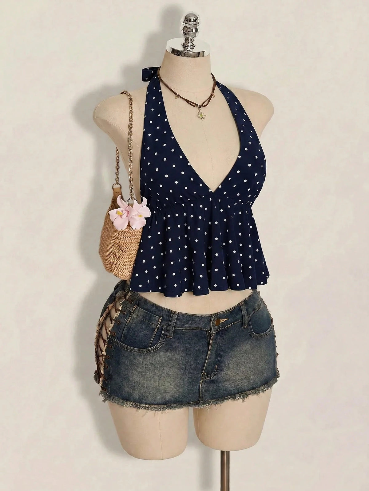 ICON Summer Women's Going Out Beach Sexy Casual Holiday Navy Blue Polka Dot Print Ruffle Hem Halter Neck Camisole