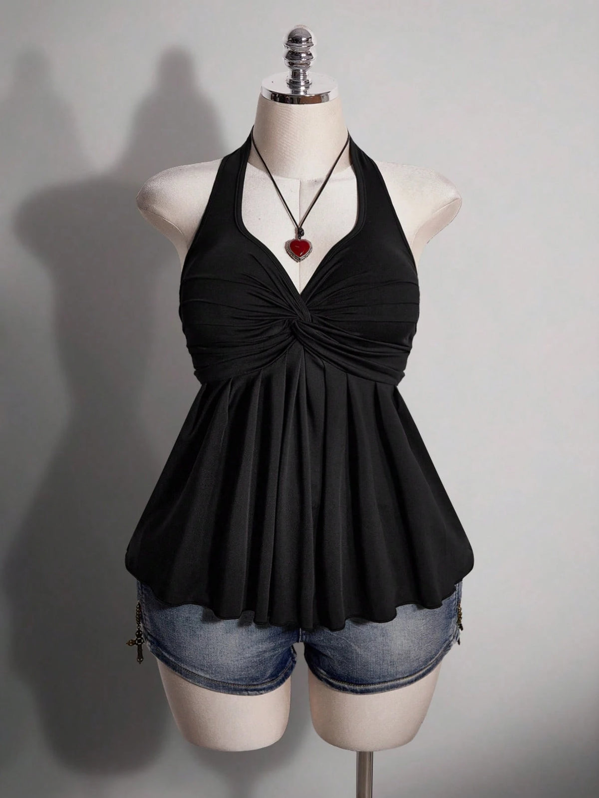 ICON Women's Plus Size Black Summer Slim Fit Top, Y2K 70's Sexy Sweetheart Halter Neck Tie-Up Chest Knot Pleated Hem Night Out Party Date Night Club