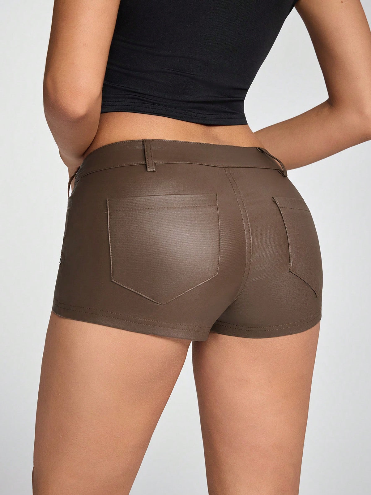 ICON Women's Solid-Color PU Leather Zipper Design Fitted Fashionable Shorts