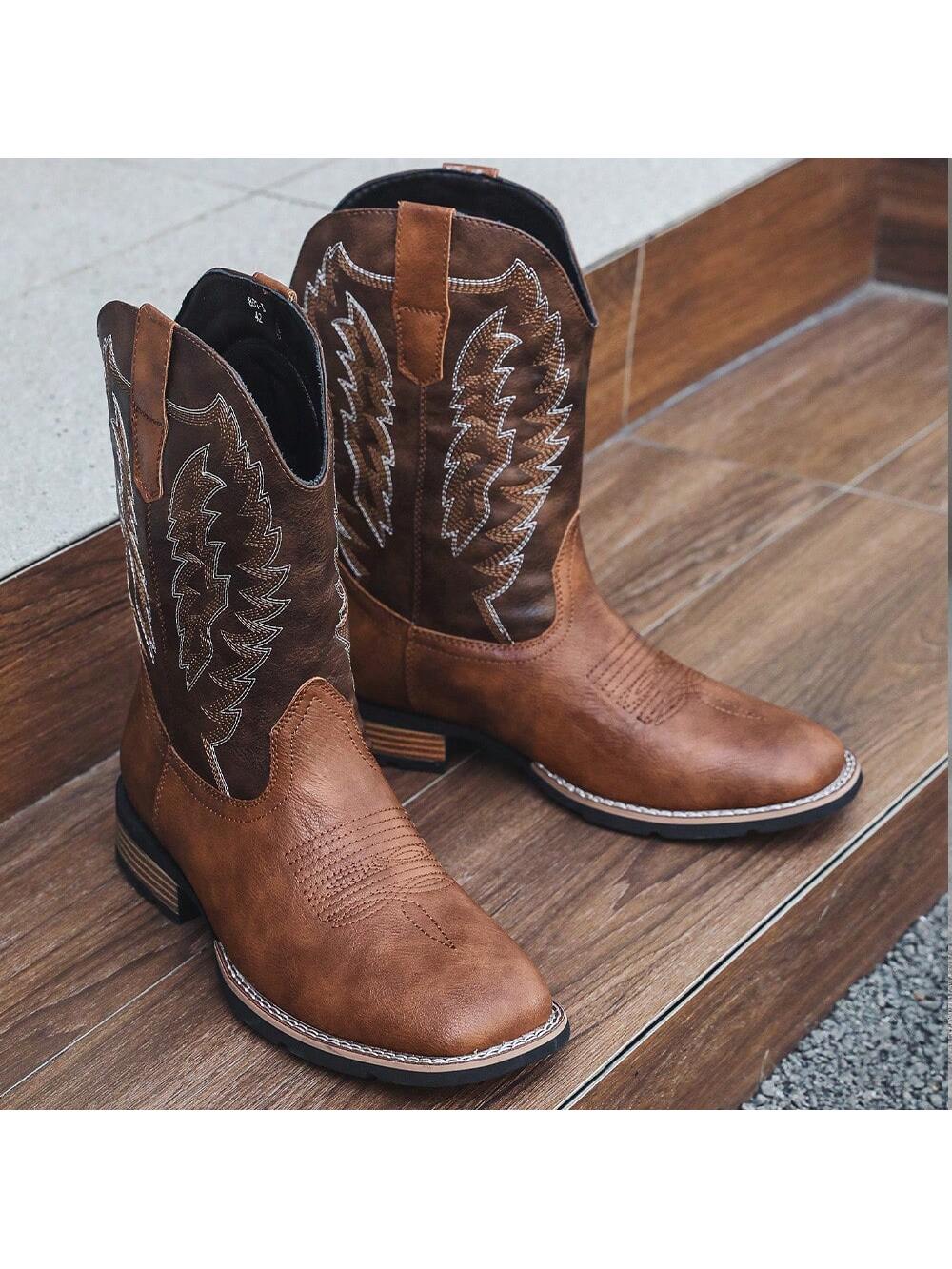 Ideal With Jacket,Men's Square Toe Cowboy Boots, Western Style Embroidered High Heel Pull On Ankle Boots For Fashionable Spring Autumn
