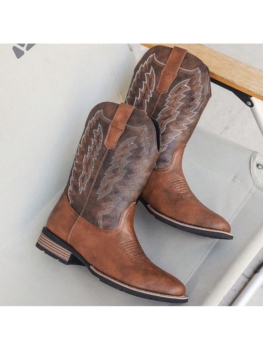 Ideal With Jacket,Men's Square Toe Cowboy Boots, Western Style Embroidered High Heel Pull On Ankle Boots For Fashionable Spring Autumn