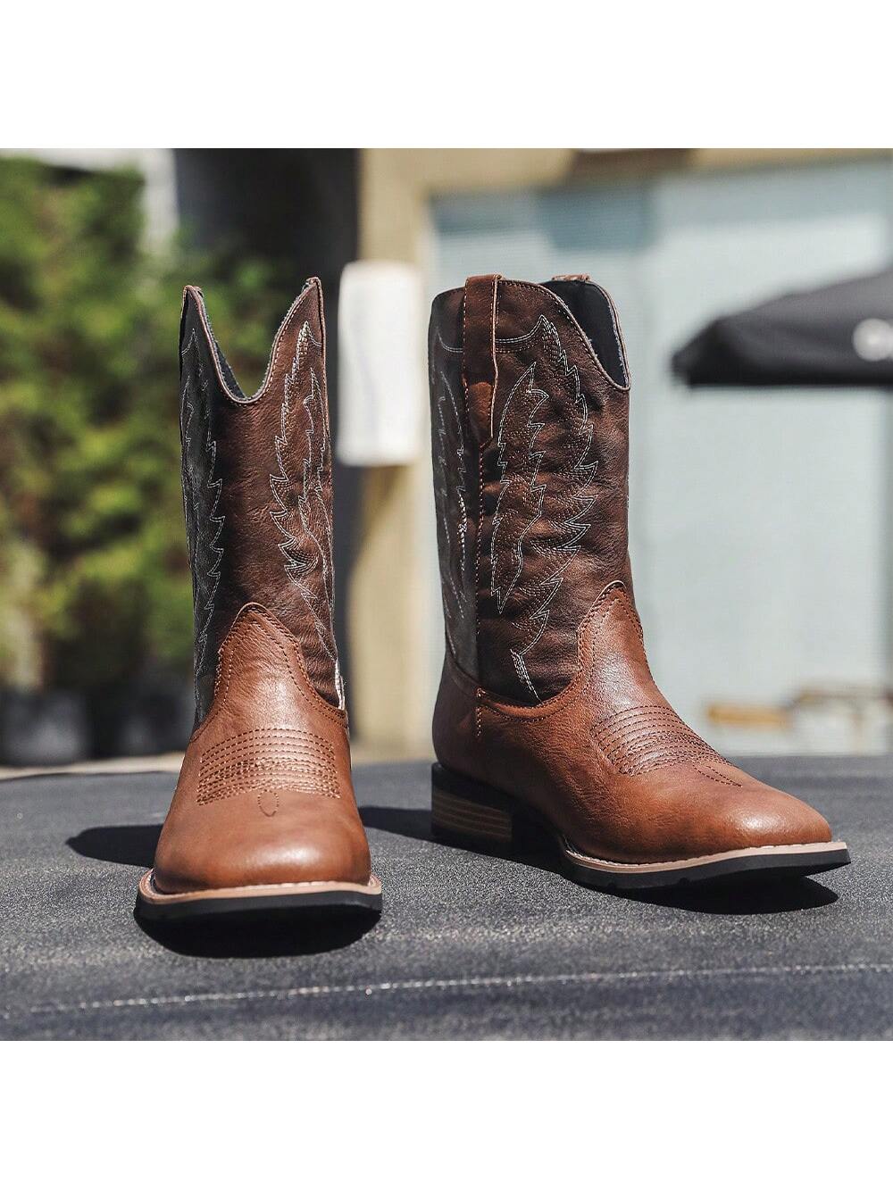 Ideal With Jacket,Men's Square Toe Cowboy Boots, Western Style Embroidered High Heel Pull On Ankle Boots For Fashionable Spring Autumn
