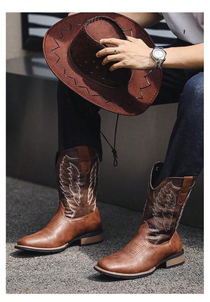 Ideal With Jacket,Men's Square Toe Cowboy Boots, Western Style Embroidered High Heel Pull On Ankle Boots For Fashionable Spring Autumn
