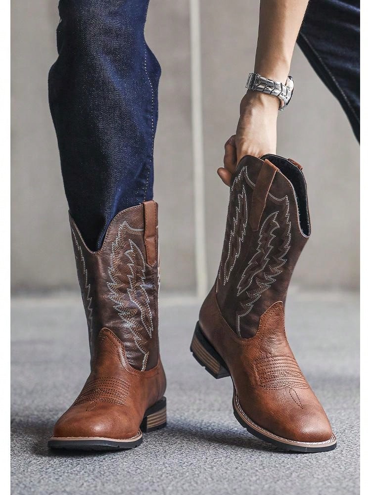 Ideal With Jacket,Men's Square Toe Cowboy Boots, Western Style Embroidered High Heel Pull On Ankle Boots For Fashionable Spring Autumn