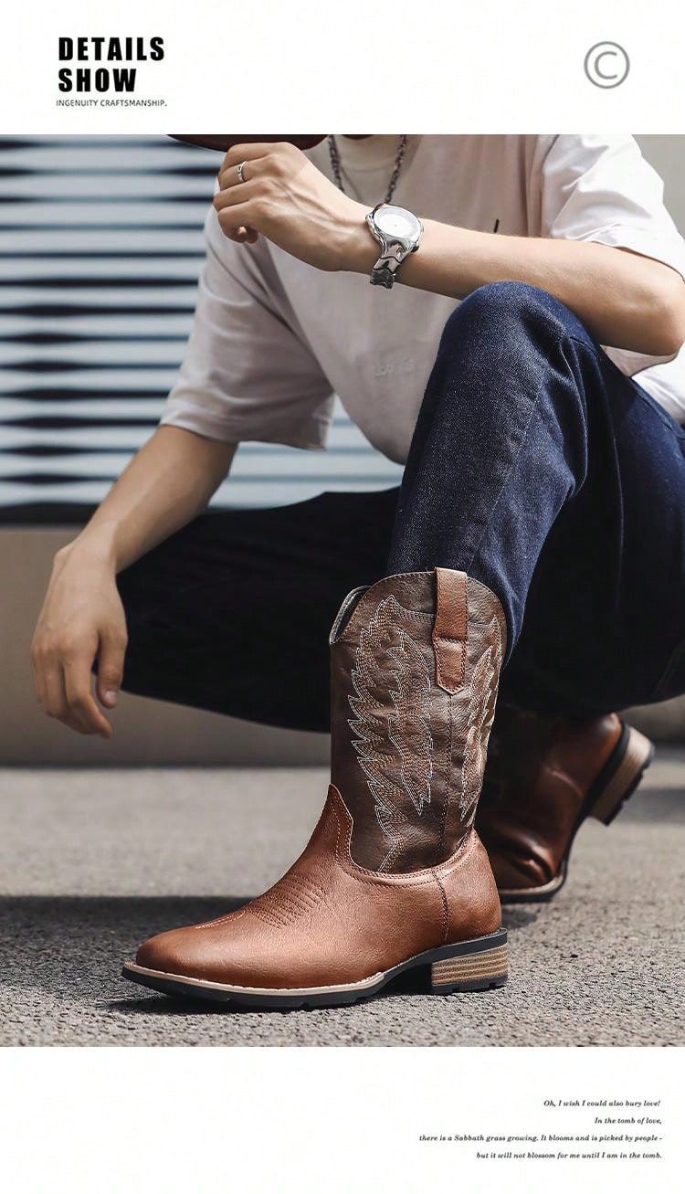 Ideal With Jacket,Men's Square Toe Cowboy Boots, Western Style Embroidered High Heel Pull On Ankle Boots For Fashionable Spring Autumn