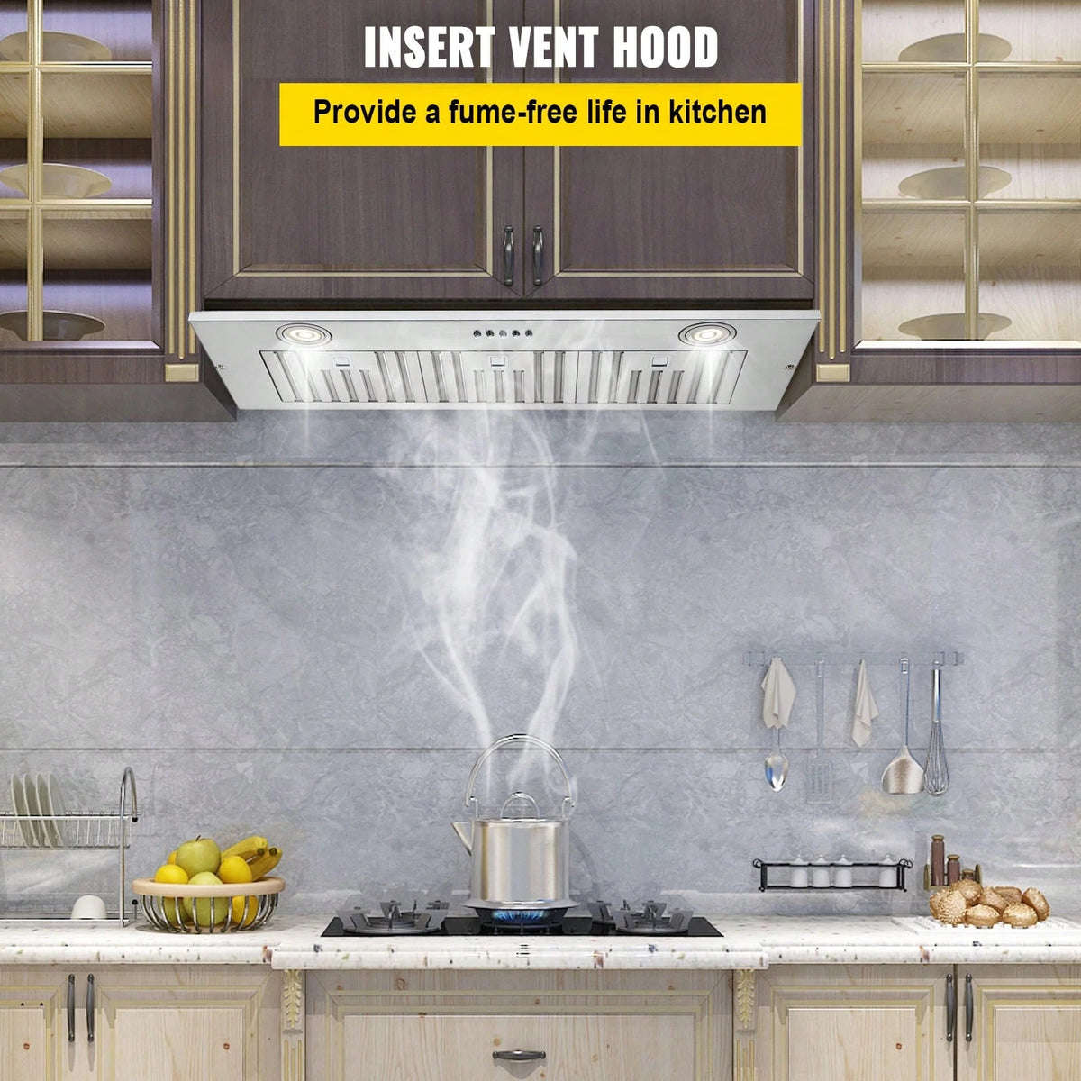 Insert Range Hood, 800CFM 3-Speed, 36 Inch Stainless Steel Built-In Kitchen Vent With Push Button Control LED Lights Baffle Filters, Ducted/Ductless Convertible, ETL Listed