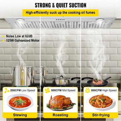 Insert Range Hood, 800CFM 3-Speed, 36 Inch Stainless Steel Built-In Kitchen Vent With Push Button Control LED Lights Baffle Filters, Ducted/Ductless Convertible, ETL Listed
