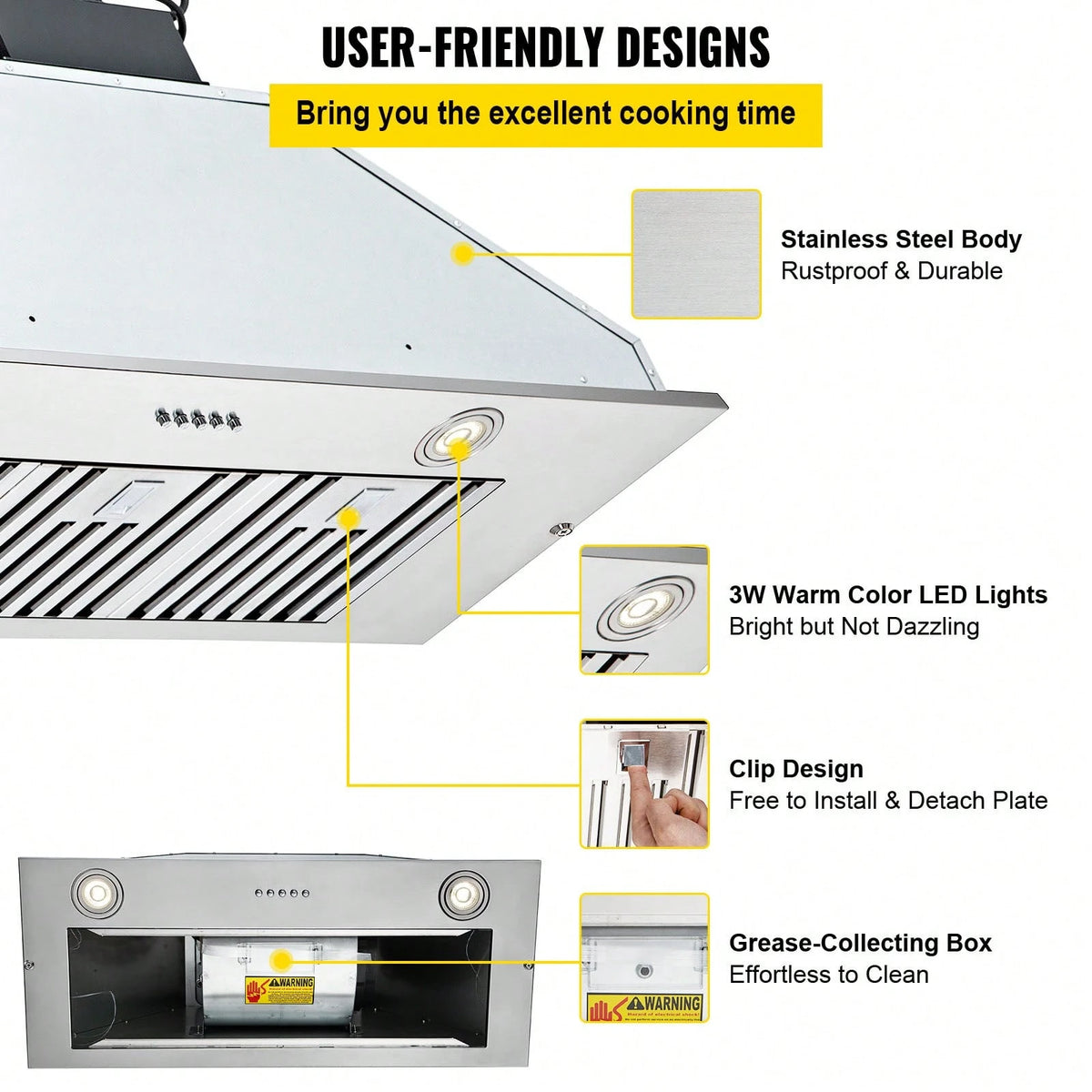 Insert Range Hood, 800CFM 3-Speed, 36 Inch Stainless Steel Built-In Kitchen Vent With Push Button Control LED Lights Baffle Filters, Ducted/Ductless Convertible, ETL Listed