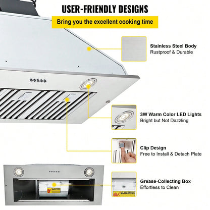 Insert Range Hood, 800CFM 3-Speed, 36 Inch Stainless Steel Built-In Kitchen Vent With Push Button Control LED Lights Baffle Filters, Ducted/Ductless Convertible, ETL Listed