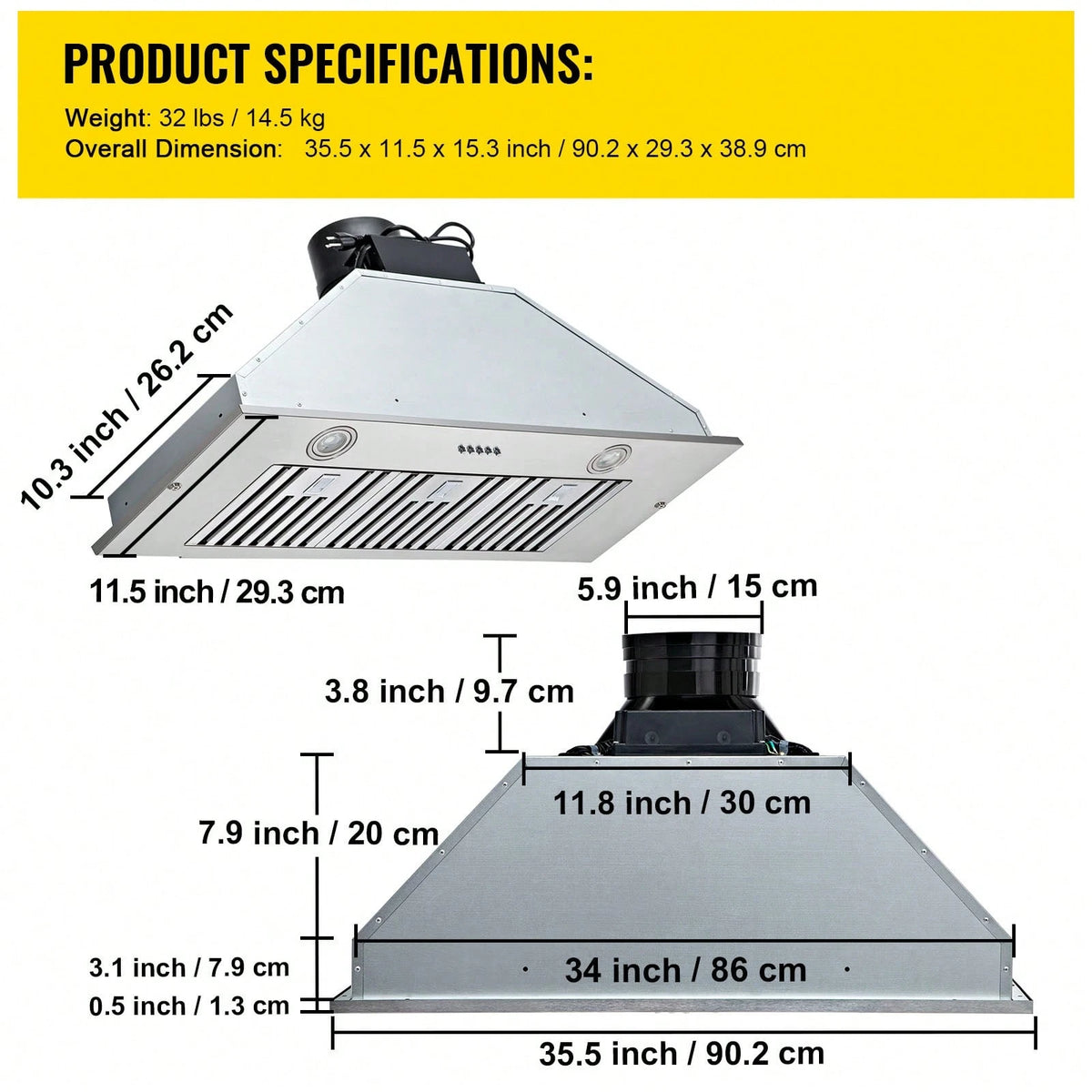 Insert Range Hood, 800CFM 3-Speed, 36 Inch Stainless Steel Built-In Kitchen Vent With Push Button Control LED Lights Baffle Filters, Ducted/Ductless Convertible, ETL Listed