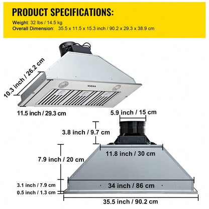 Insert Range Hood, 800CFM 3-Speed, 36 Inch Stainless Steel Built-In Kitchen Vent With Push Button Control LED Lights Baffle Filters, Ducted/Ductless Convertible, ETL Listed
