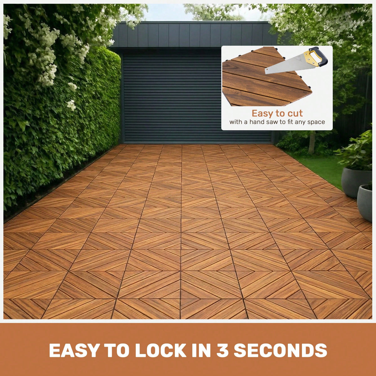 Interlocking Deck Tiles Diagonal Pattern, 12" X 12" Acacia Wood Tiles For Patio, Waterproof, All-Weather, Outdoor Decking For Garden, Pool, Balcony