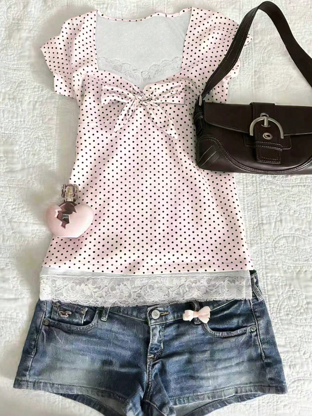 IslaSuriya Polka Dot & Lace Patchwork Fitted Short Sleeve Women T-Shirt