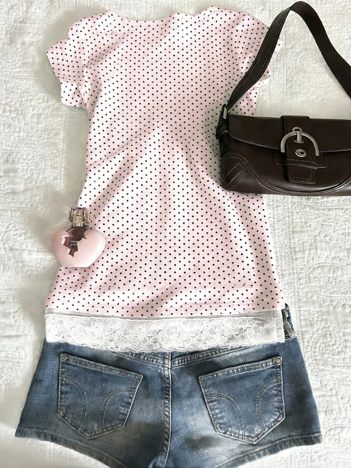 IslaSuriya Polka Dot & Lace Patchwork Fitted Short Sleeve Women T-Shirt