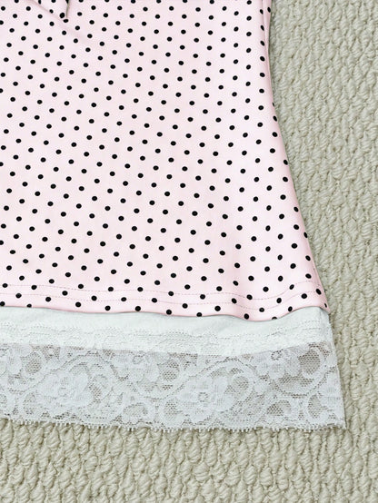 IslaSuriya Polka Dot & Lace Patchwork Fitted Short Sleeve Women T-Shirt