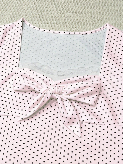 IslaSuriya Polka Dot & Lace Patchwork Fitted Short Sleeve Women T-Shirt