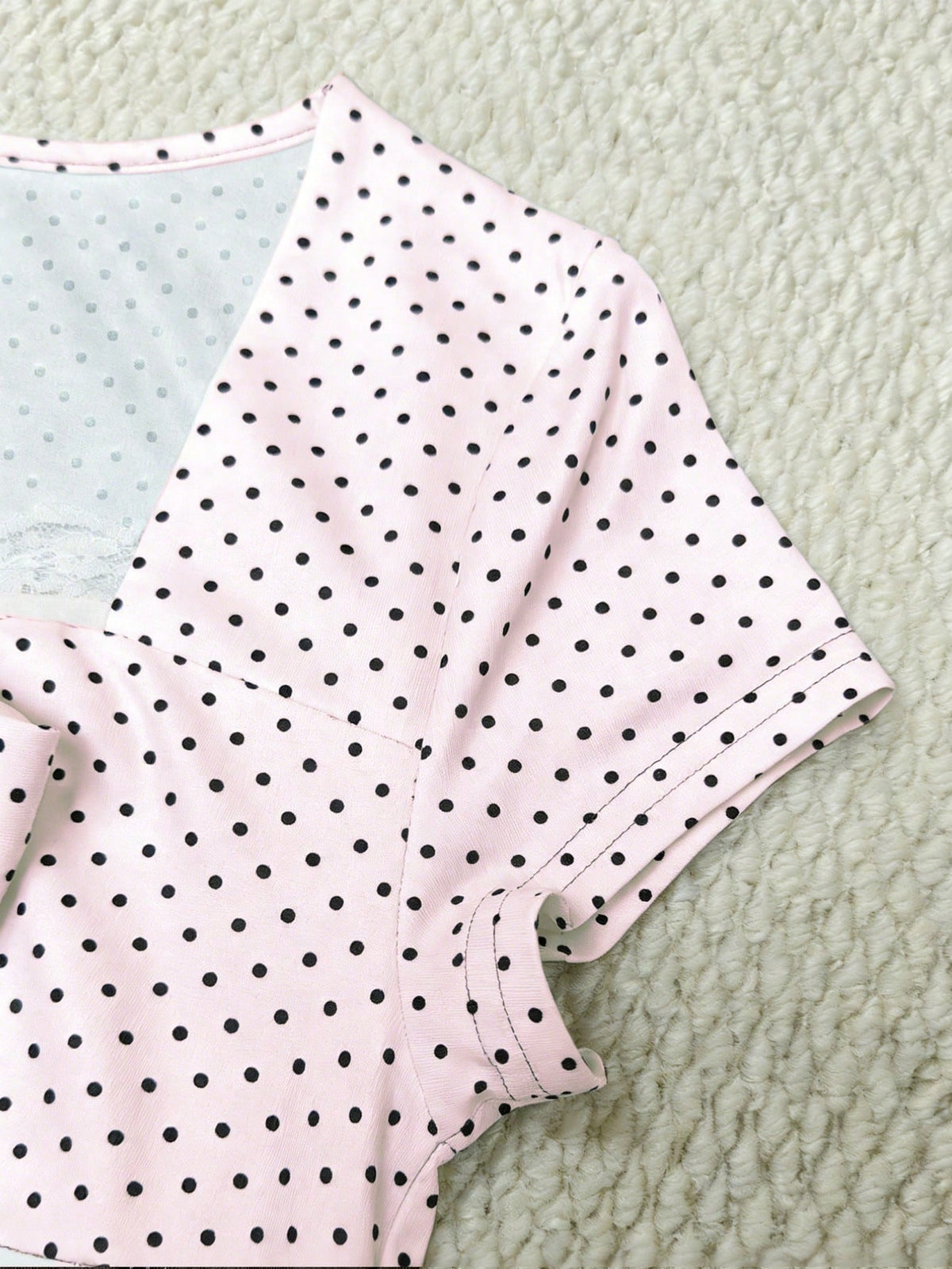 IslaSuriya Polka Dot & Lace Patchwork Fitted Short Sleeve Women T-Shirt