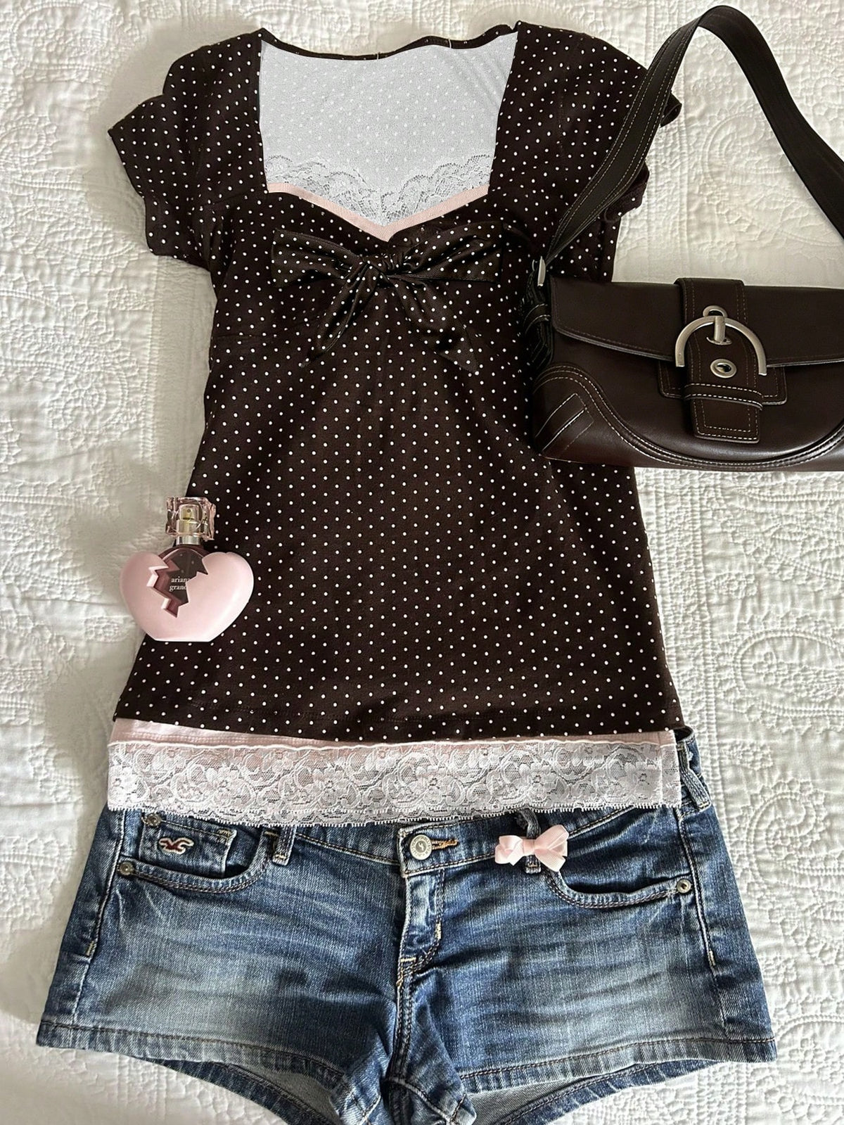 IslaSuriya Polka Dot & Lace Patchwork Fitted Short Sleeve Women T-Shirt