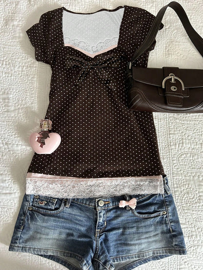 IslaSuriya Polka Dot & Lace Patchwork Fitted Short Sleeve Women T-Shirt