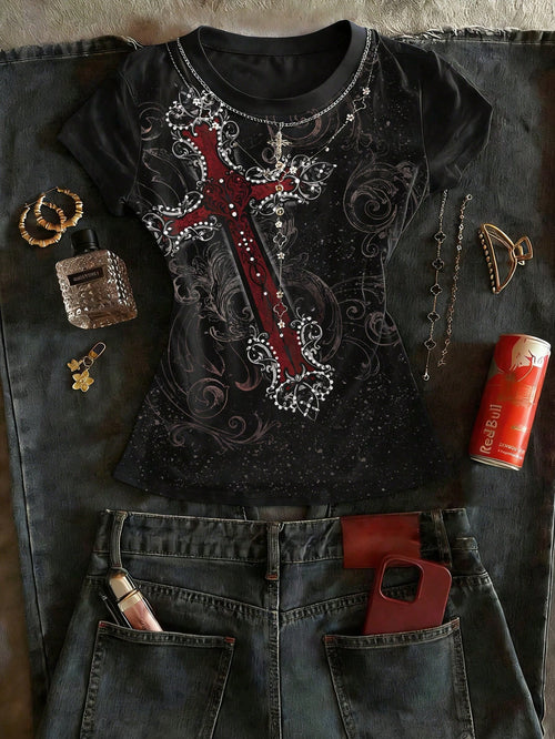 IslaSuriya Women's Black Cross Graphic Tee, Rhinestone Ornate Scroll Print Crew Neck Short Sleeve Fitted Top, Gothic Y2K Punk Vintage Streetwear T-Shirt