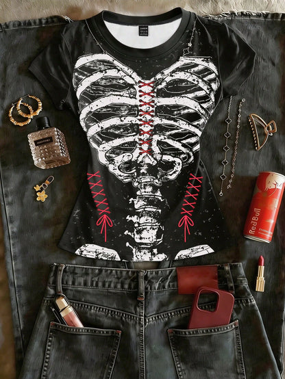 IslaSuriya Women's Black Cross Graphic Tee, Rhinestone Ornate Scroll Print Crew Neck Short Sleeve Fitted Top, Gothic Y2K Punk Vintage Streetwear T-Shirt