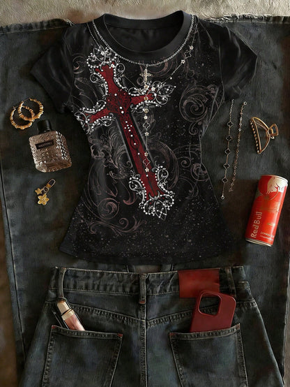 IslaSuriya Women's Black Cross Graphic Tee, Rhinestone Ornate Scroll Print Crew Neck Short Sleeve Fitted Top, Gothic Y2K Punk Vintage Streetwear T-Shirt