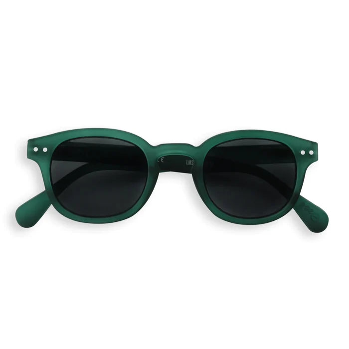 A pair of green Izipizi sunglasses with a retro style, suitable for various face shapes.
