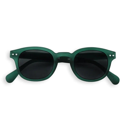 A pair of green Izipizi sunglasses with a retro style, suitable for various face shapes.