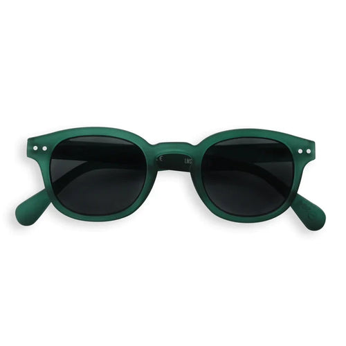 A pair of green Izipizi sunglasses with a retro style, suitable for various face shapes.