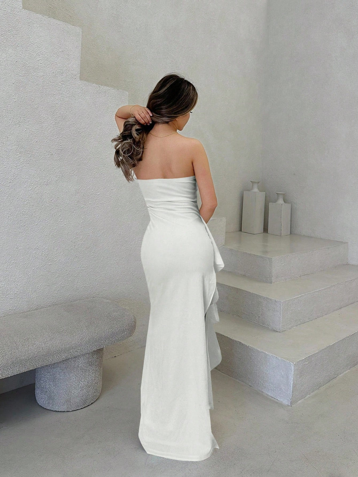 Jemour White Strapless High Split Flouncing Dress For Bridesmaids, Wedding Party, Sleeveless, Wrap Design, High Slit,White Graduation Dress