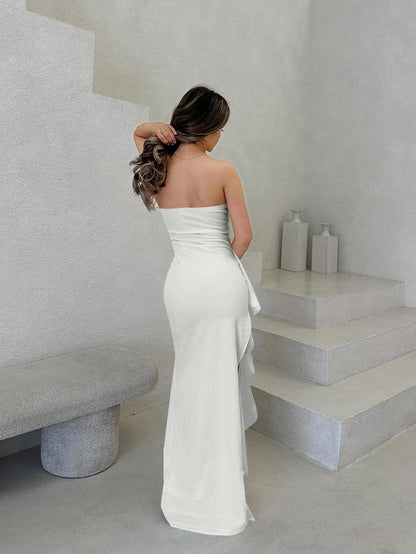 Jemour White Strapless High Split Flouncing Dress For Bridesmaids, Wedding Party, Sleeveless, Wrap Design, High Slit,White Graduation Dress