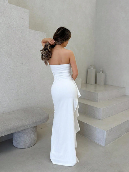 Jemour White Strapless High Split Flouncing Dress For Bridesmaids, Wedding Party, Sleeveless, Wrap Design, High Slit,White Graduation Dress