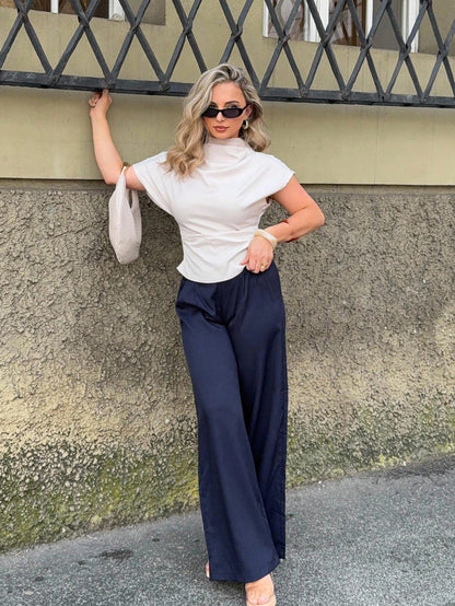 Jeta Ari Summer Wrinkle Collar Asymmetrical Sleeve Side Ruched Cinched Waist Commuting Beige Bamboo Fiber Linen Blouse, Suitable For All Seasons
