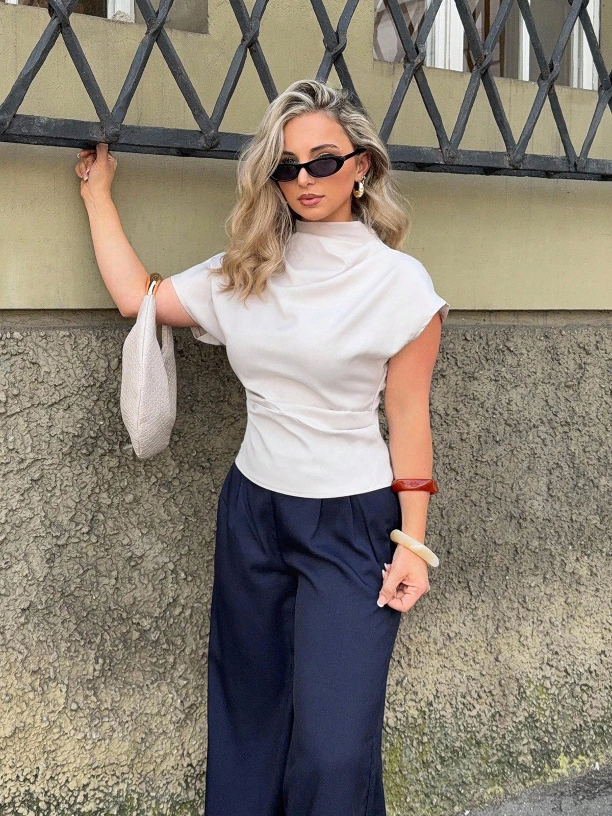 Jeta Ari Summer Wrinkle Collar Asymmetrical Sleeve Side Ruched Cinched Waist Commuting Beige Bamboo Fiber Linen Blouse, Suitable For All Seasons