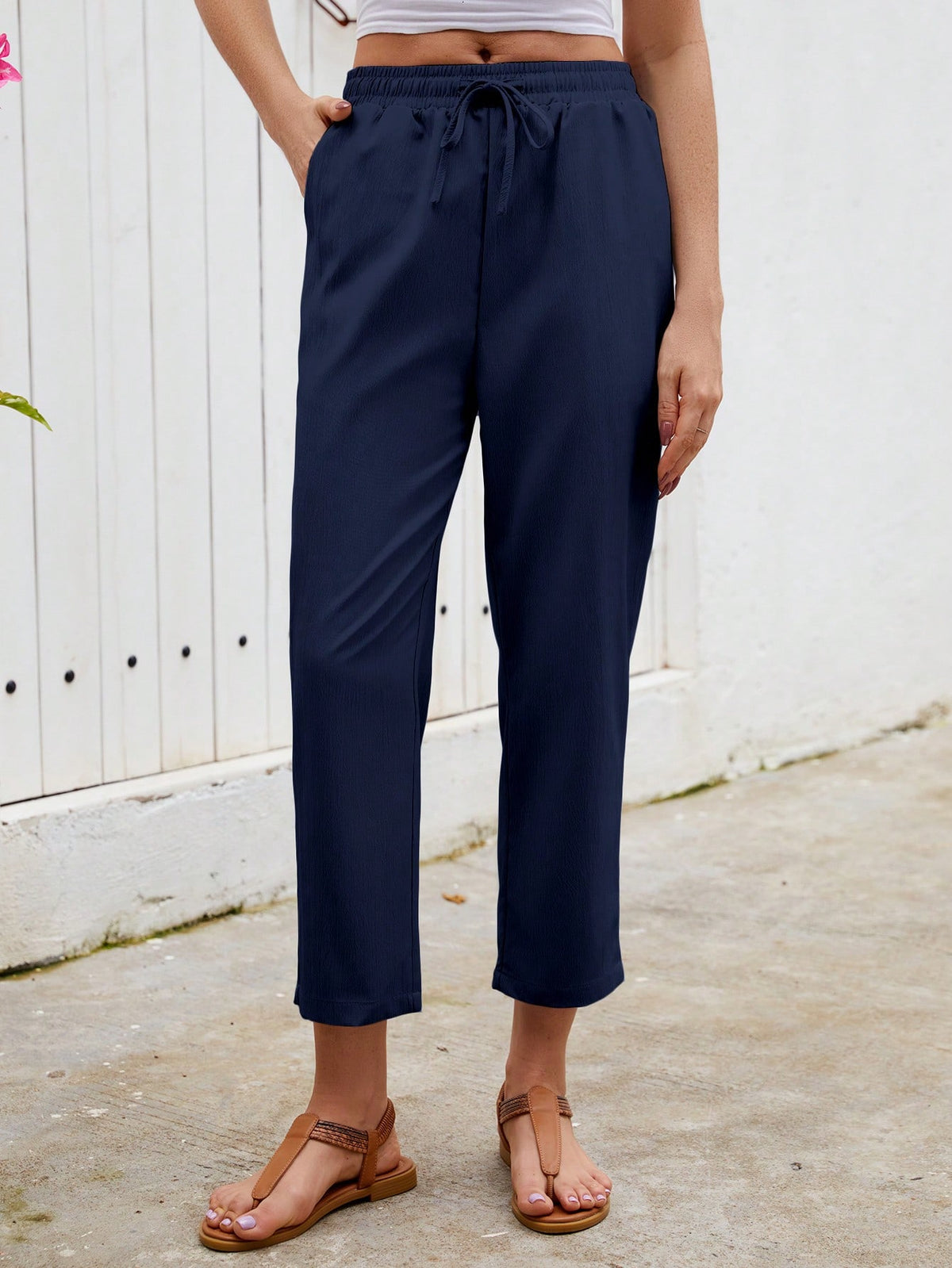 Jisfaneya Women's Solid-Color Drawstring Waist Casual Pants With Pockets Black